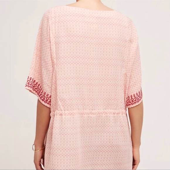 Anthropologie Embroidered Coral Peach Pastel Tie Waist Short Sleeve Kimono Top - Picture 8 of 11